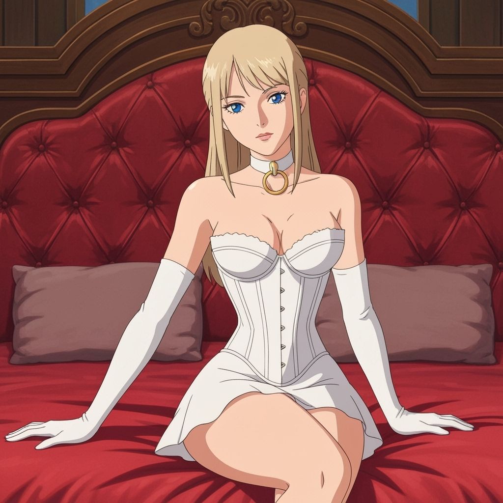 Ghibli Anime Woman Lounging on Red Velvet Bed