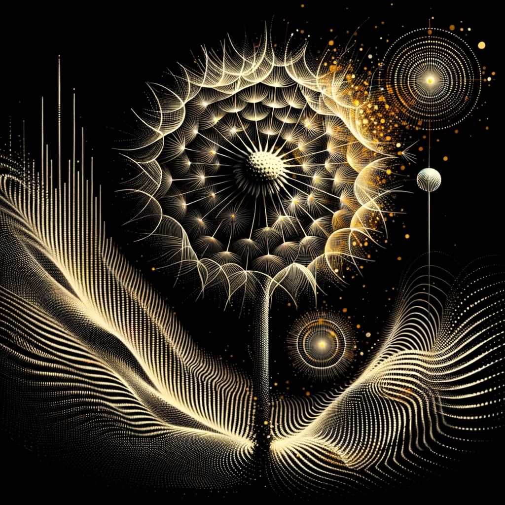 Dandelion Portrait with Golden Explosions and Geometric Wave...