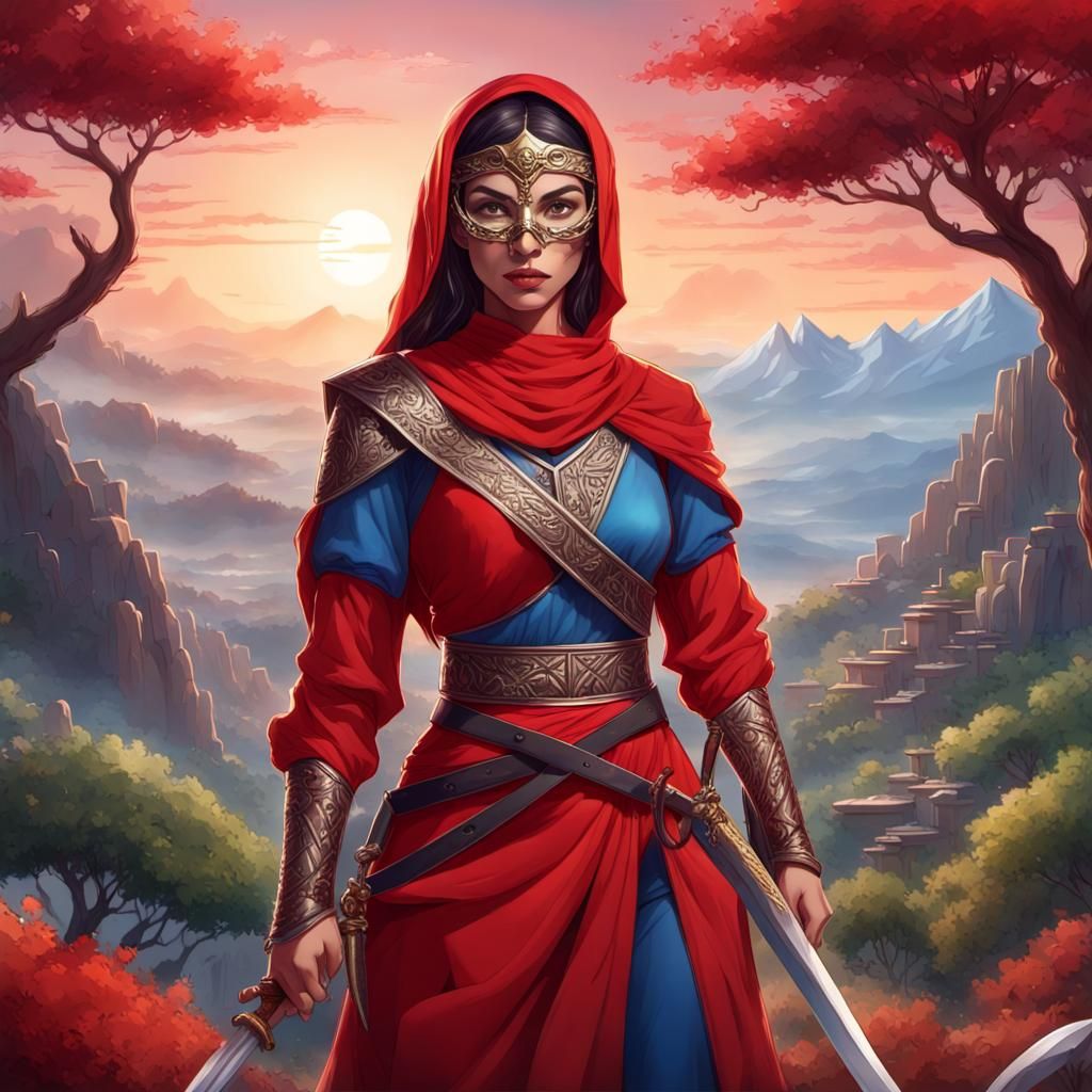 Arab Warrior with Swords in Mountain Landscape