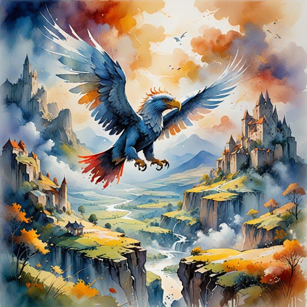 Surreal Griffin Soars Over Dreamlike Realm in Fusion of Wate...