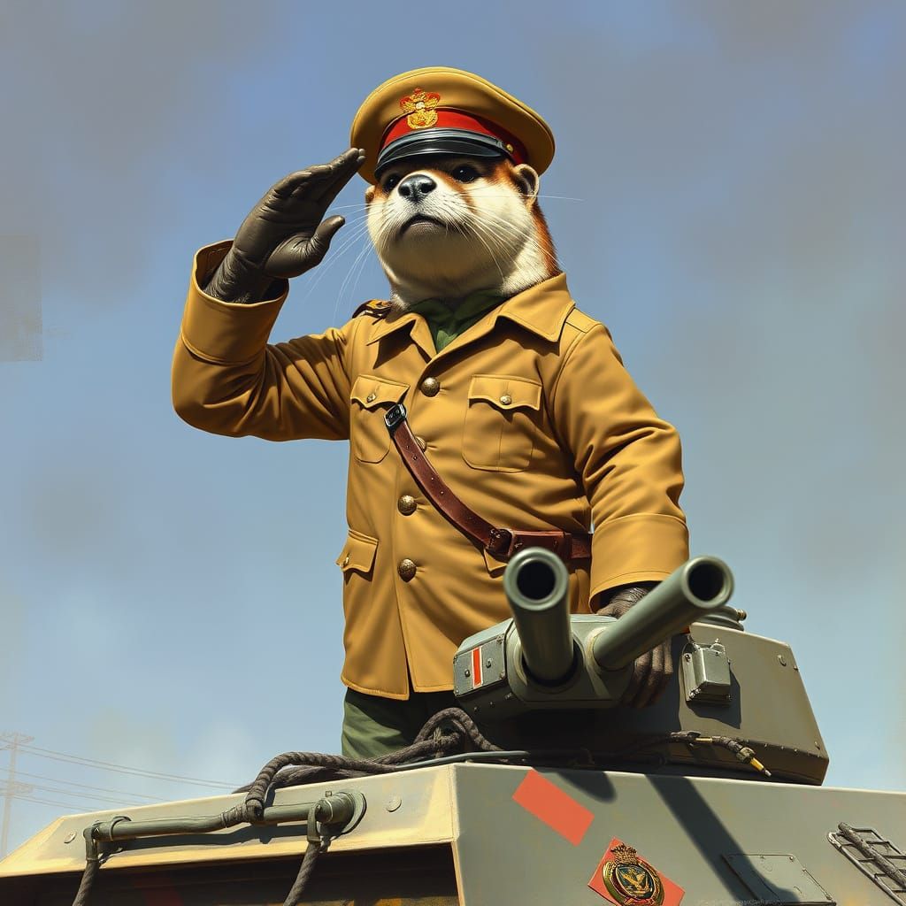 Otter Officer Salutes Tank in Cyberpunk Style