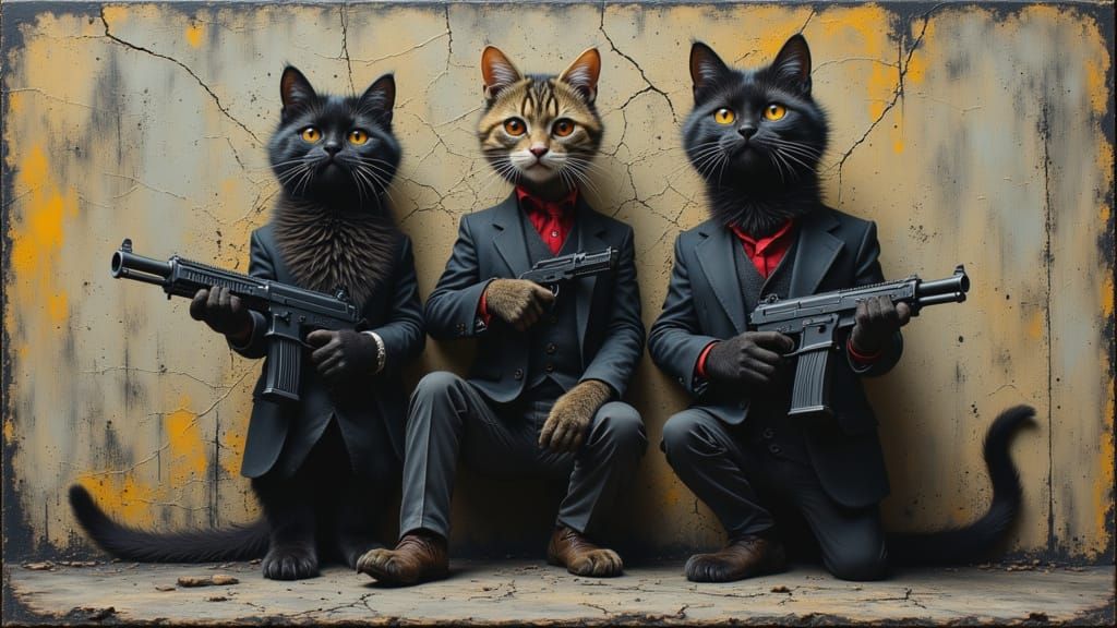 Three Kittens in Gangster Suits with Tommy Guns