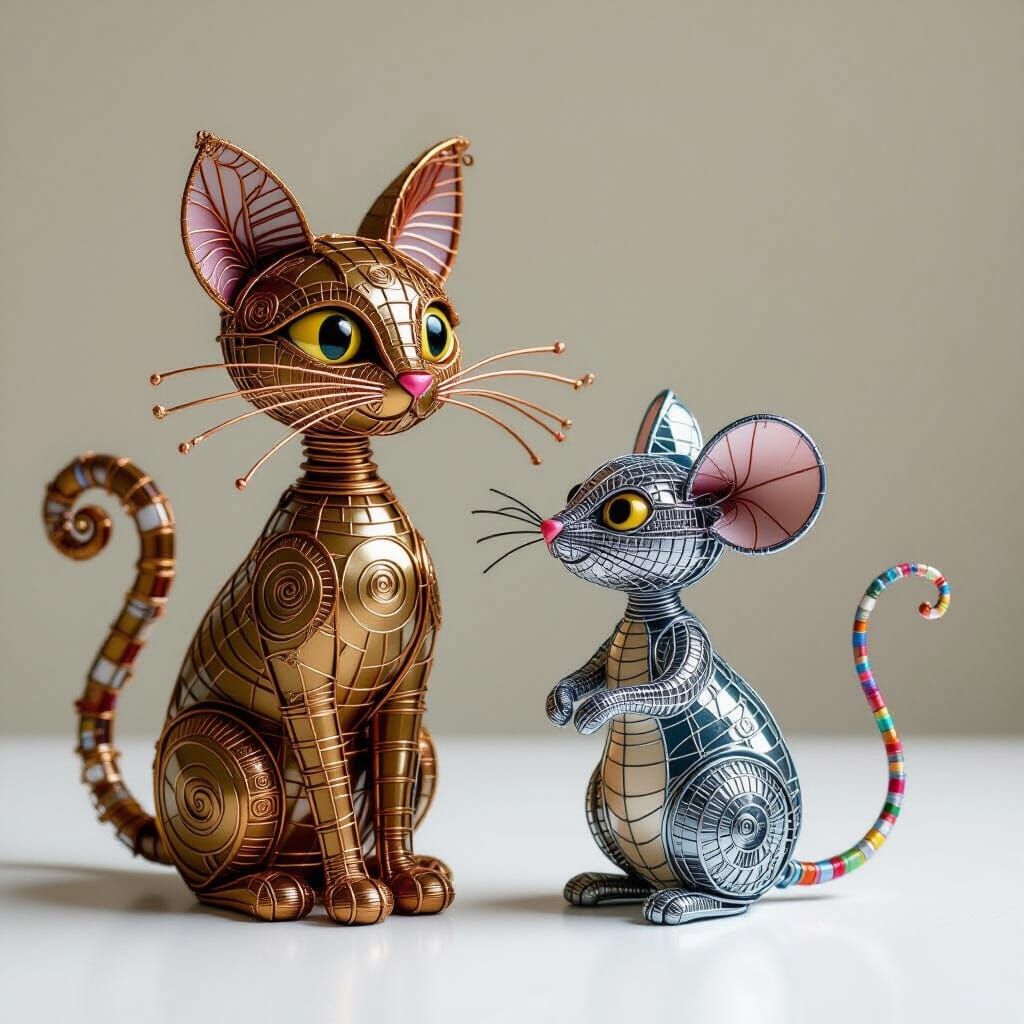 Wire Sculpture of Cat and Mouse in Whimsical Style