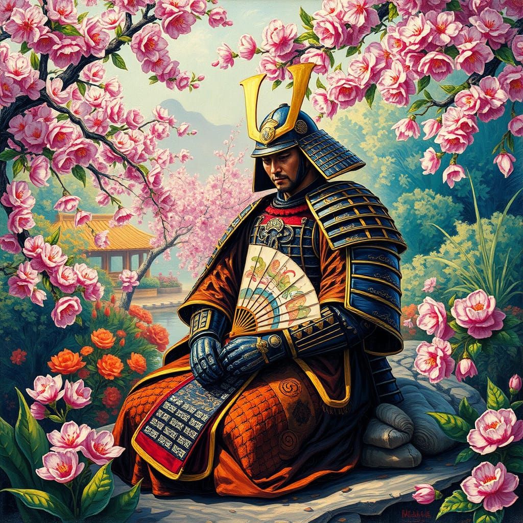 Serenely Sitting Samurai in Cherry Blossom Garden