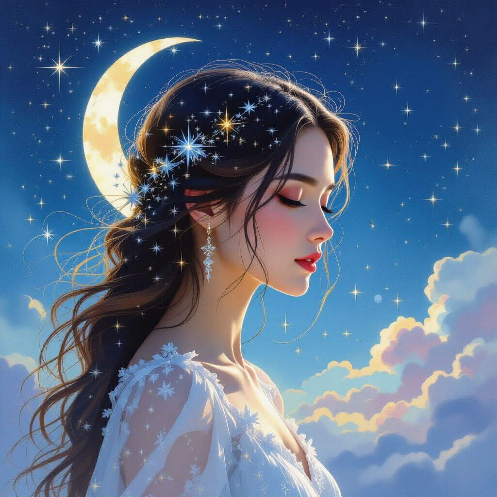 Goddess with Starlight Hair in Watercolor Style