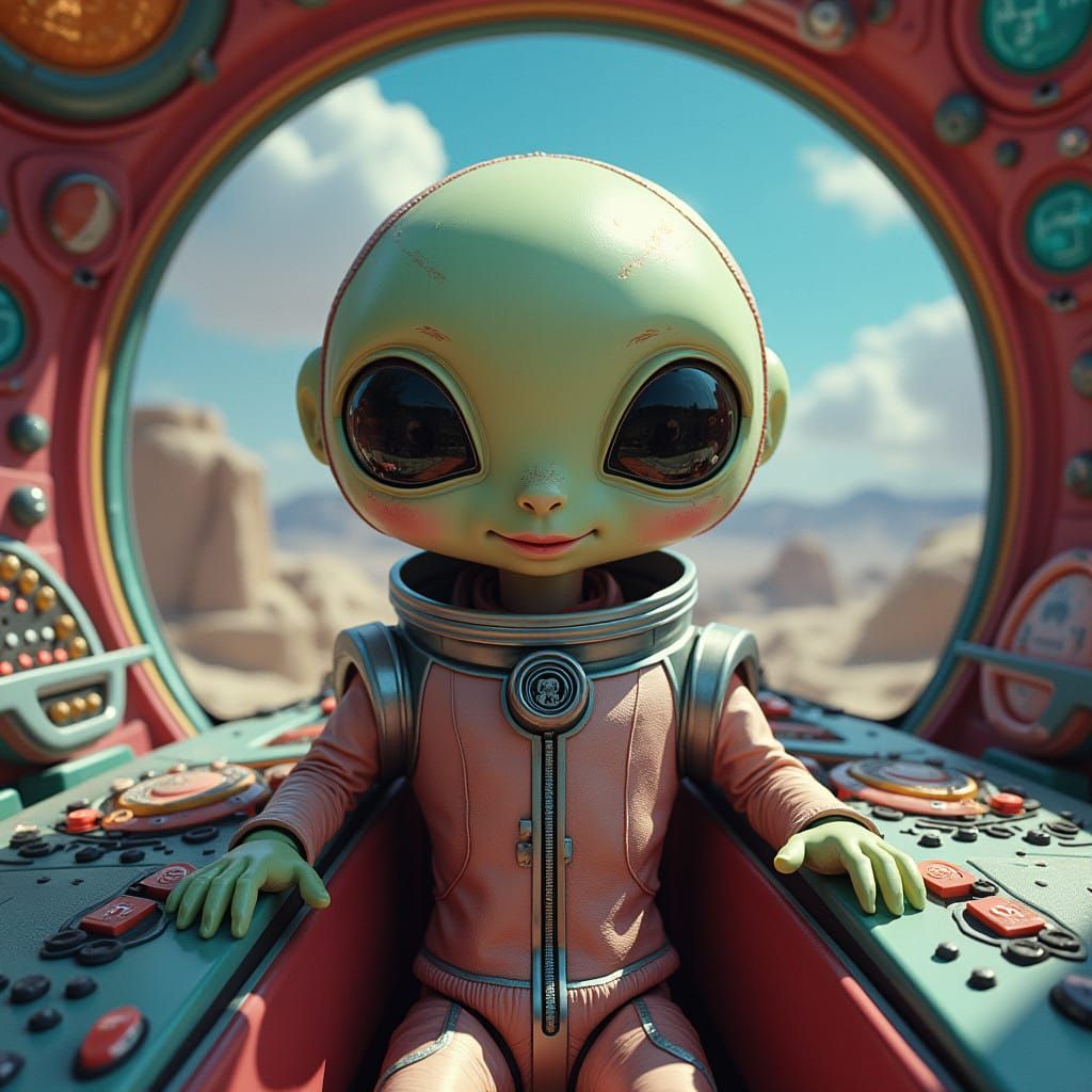 Whimsical Alien Pilot in Retro-Futuristic UFO