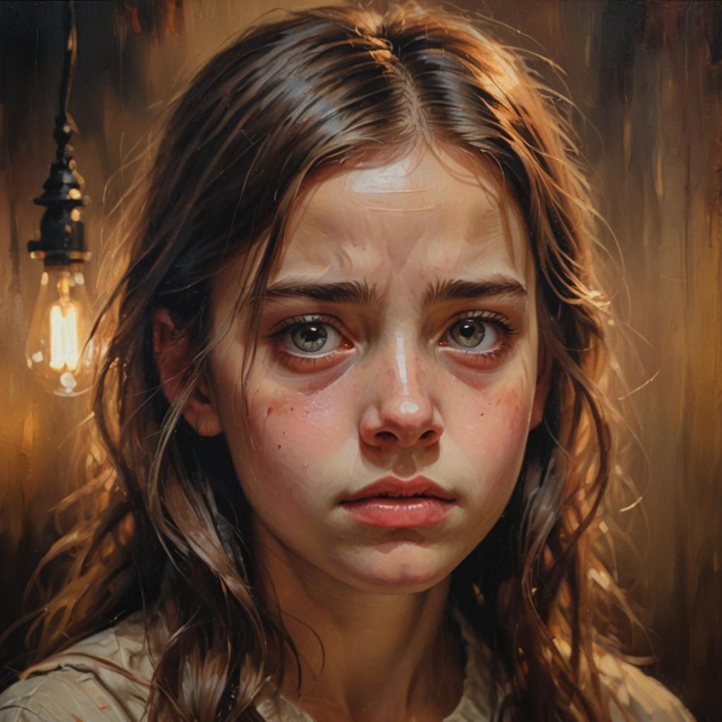 Poignant Portrait of Girl with Tears as Oil Painting