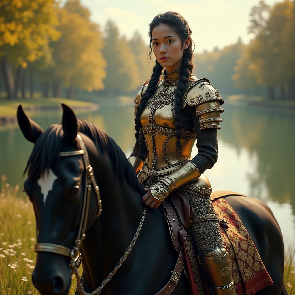 Girl in Ornate Armor on Horse by Lake