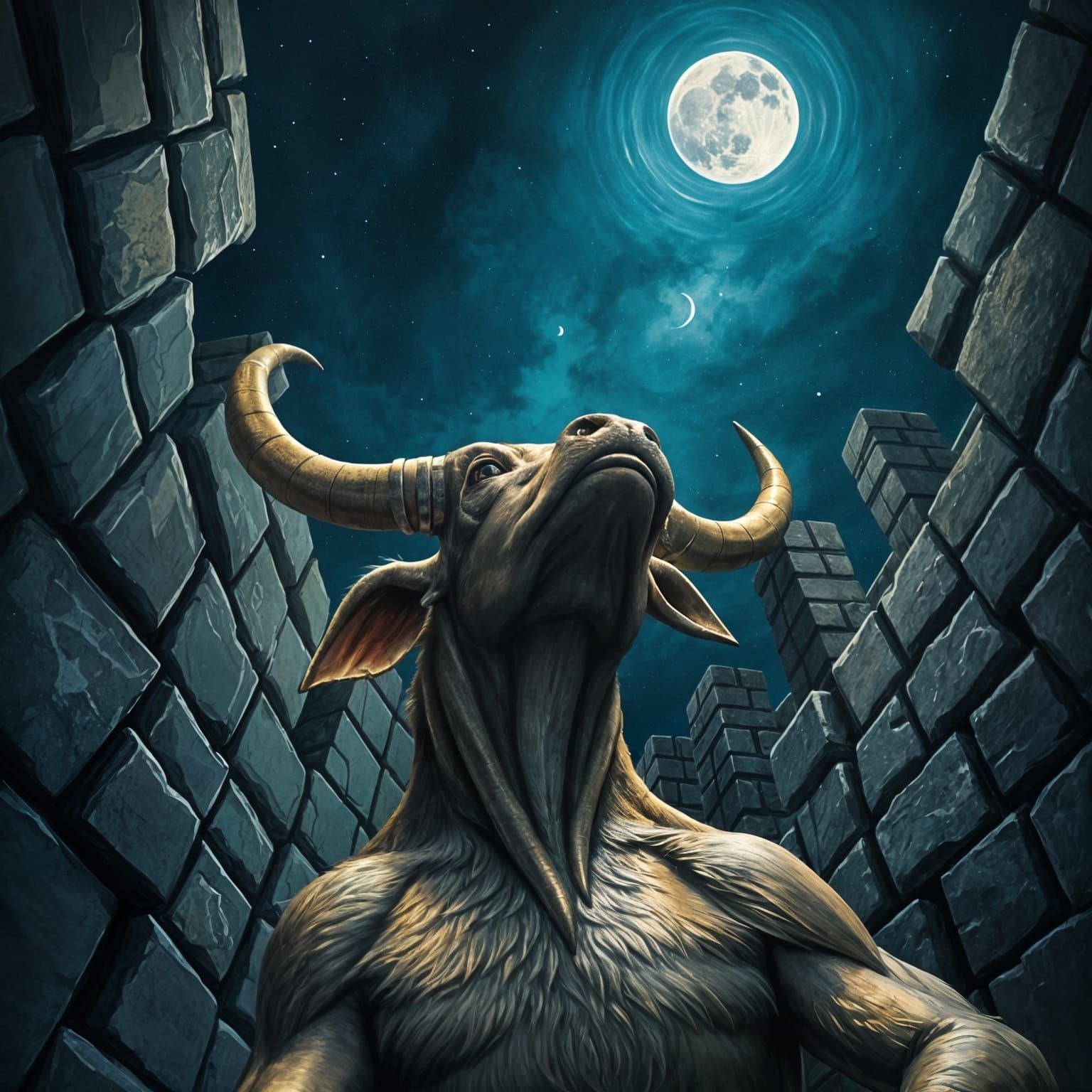 A Bull-Man Contemplates the Moon in a Labyrinthine Night
