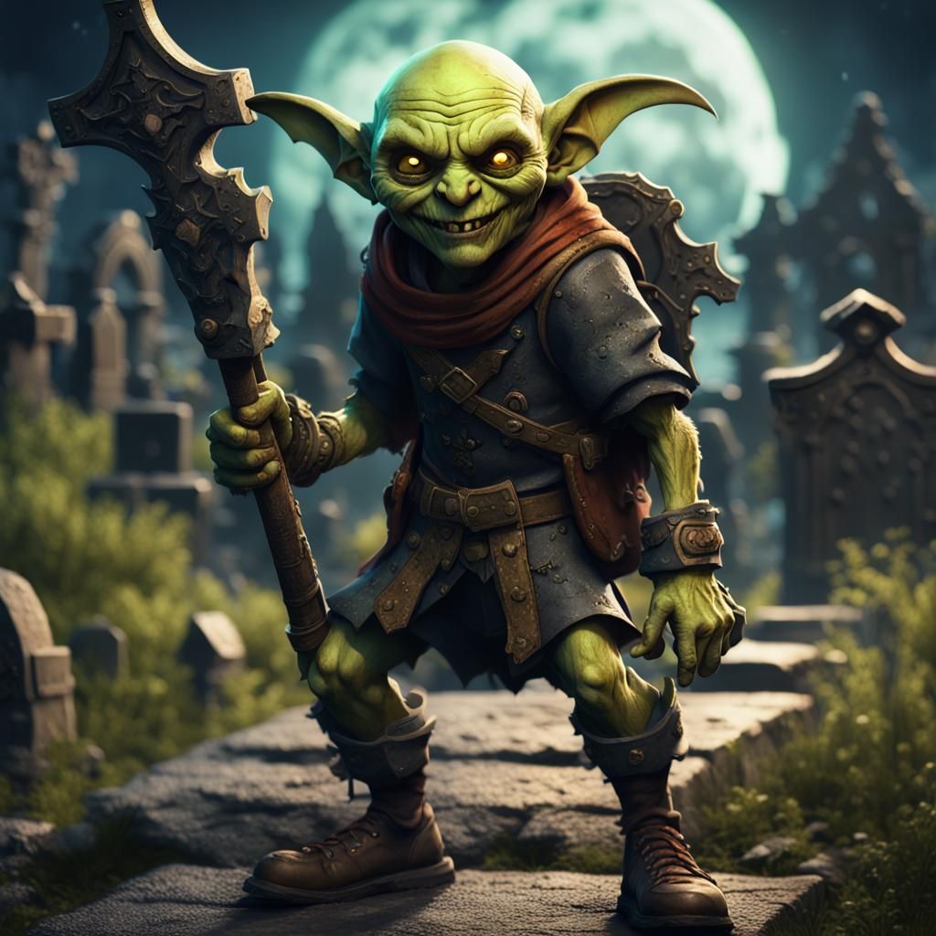 Smiling Goblin Adventurer in Graveyard Night: Fantasy Art