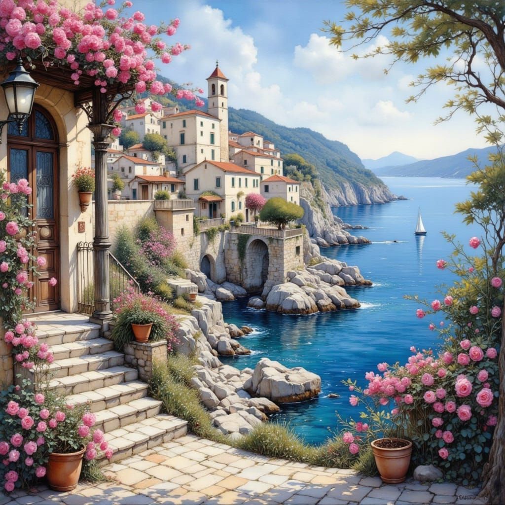 Mediterranean Village Scene with Sailboats