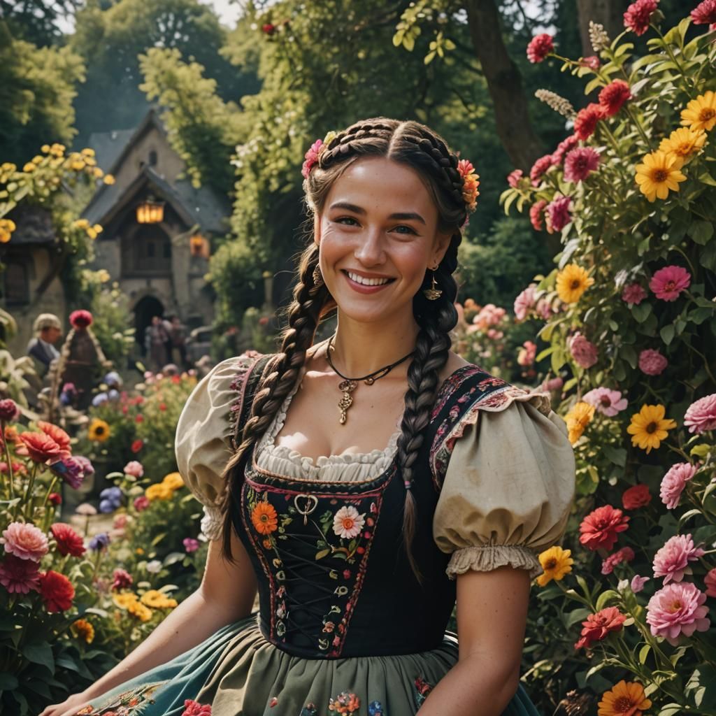 Black Haired Medieval Woman with Flowers in her Hair