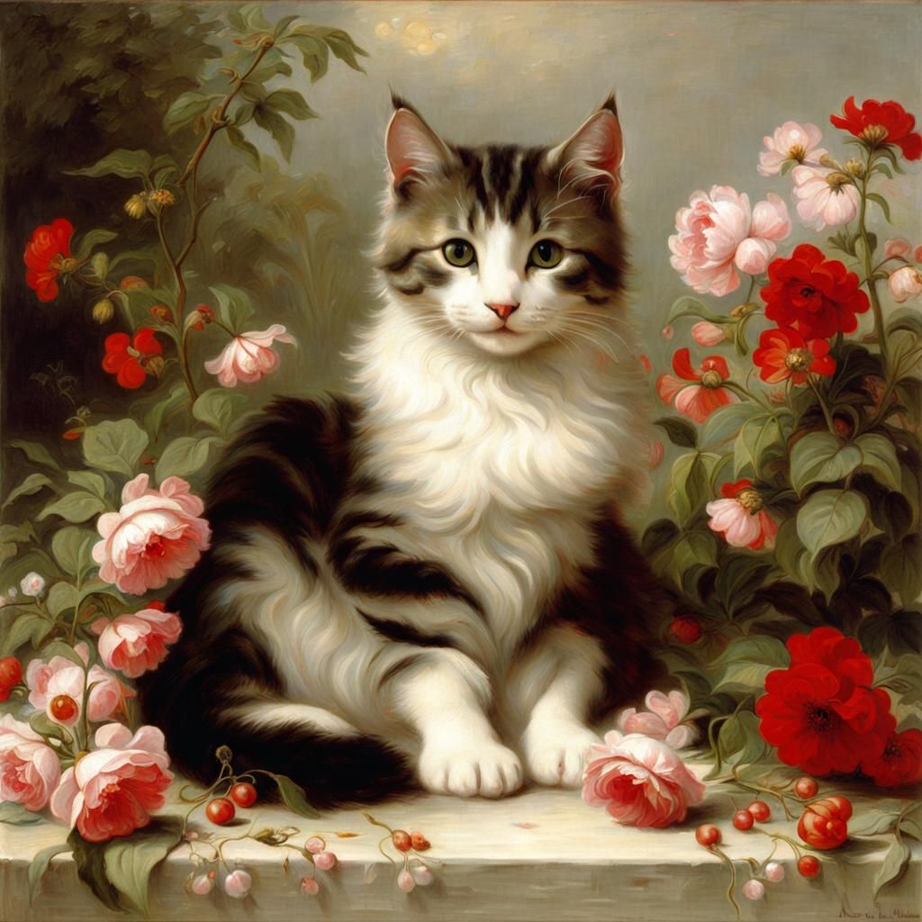Cat on Pillow with Flowers in Realistic Style