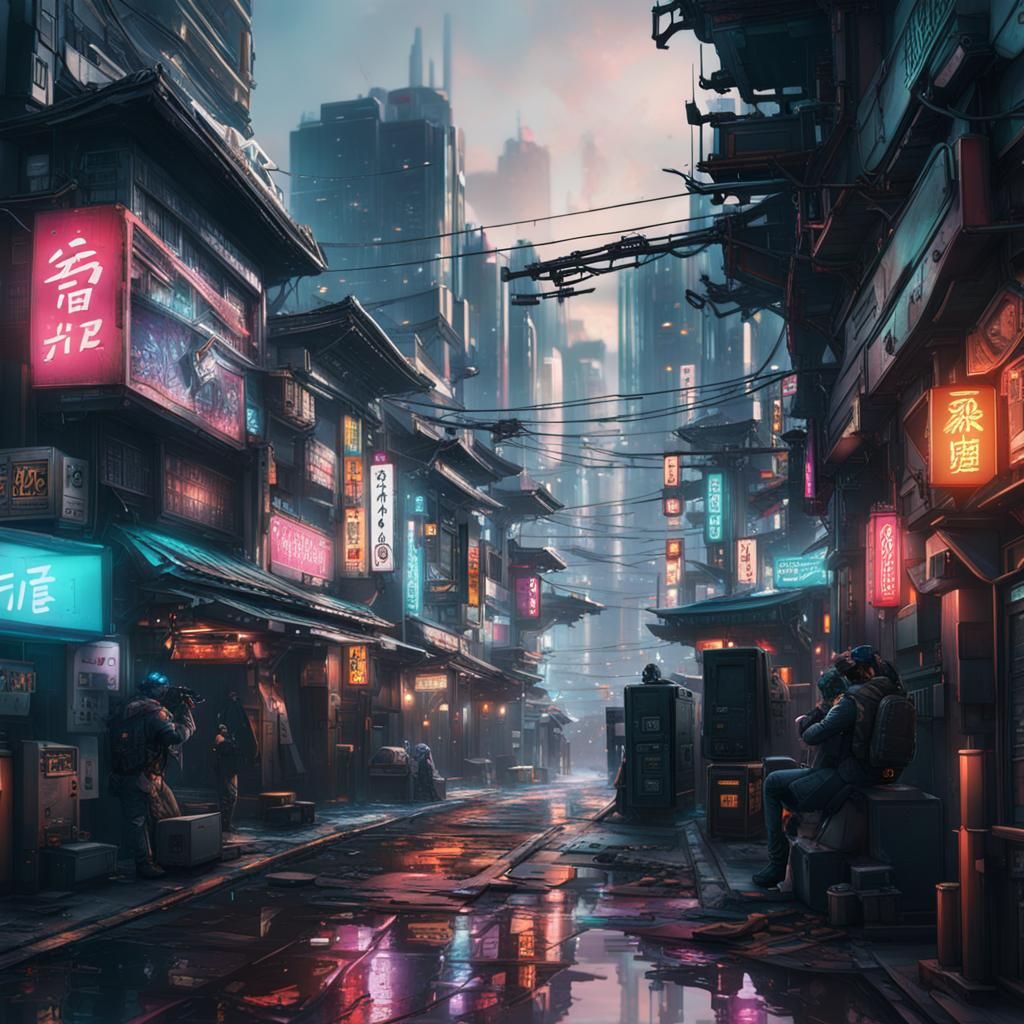 Japanese cyberpunk city scene
