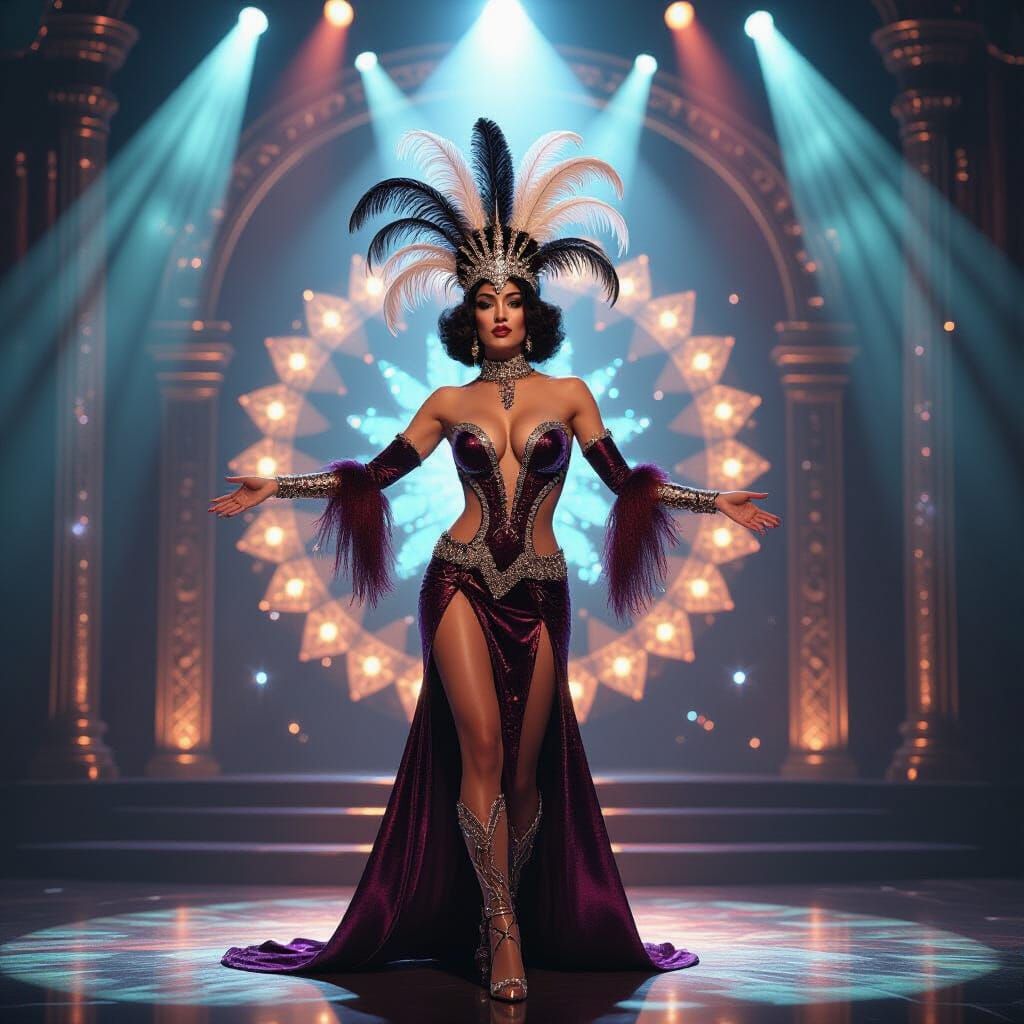 Cyberpunk Burlesque Performer on Holographic Stage