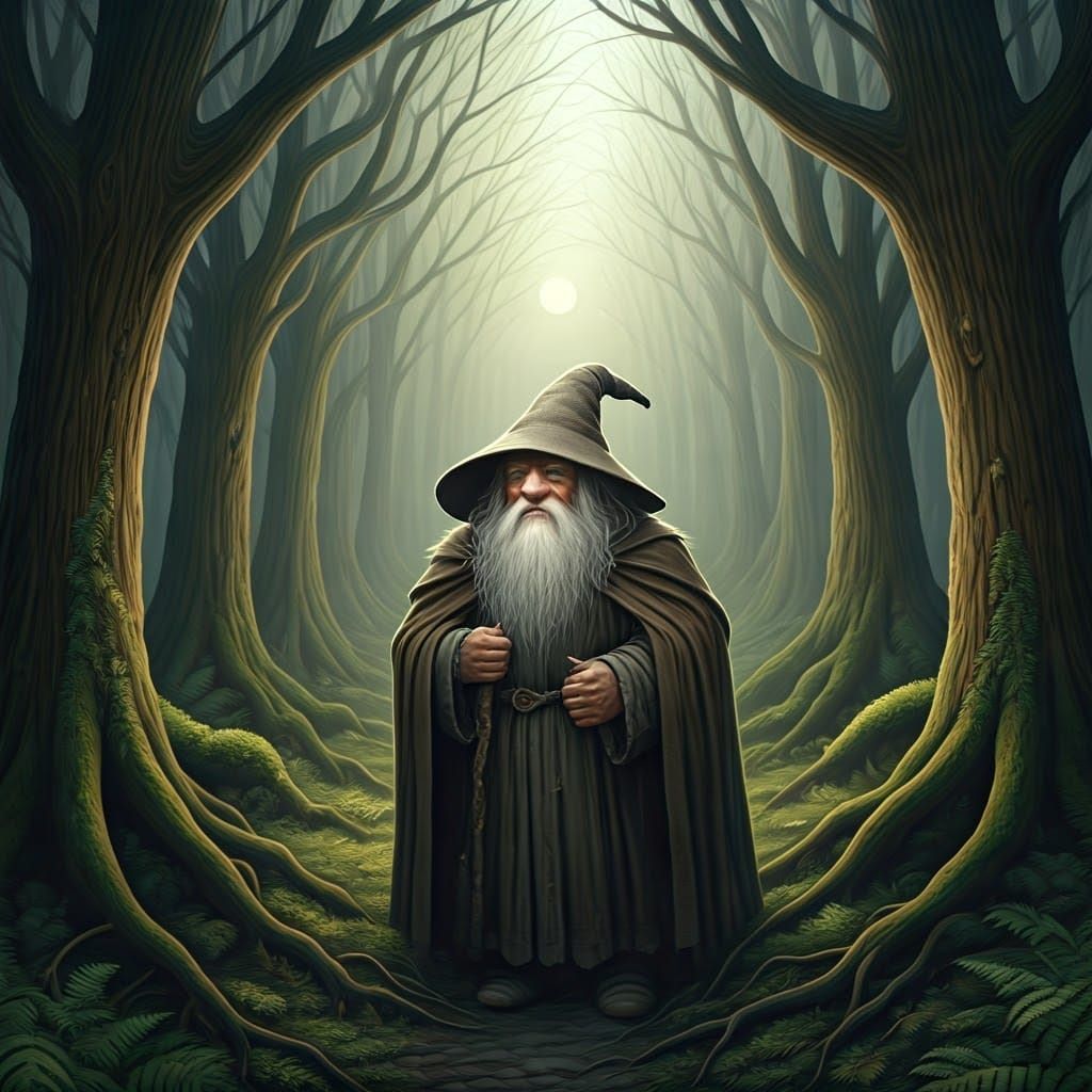 Whimsical Gandalf Tomte in a Moonlit Forest Scene
