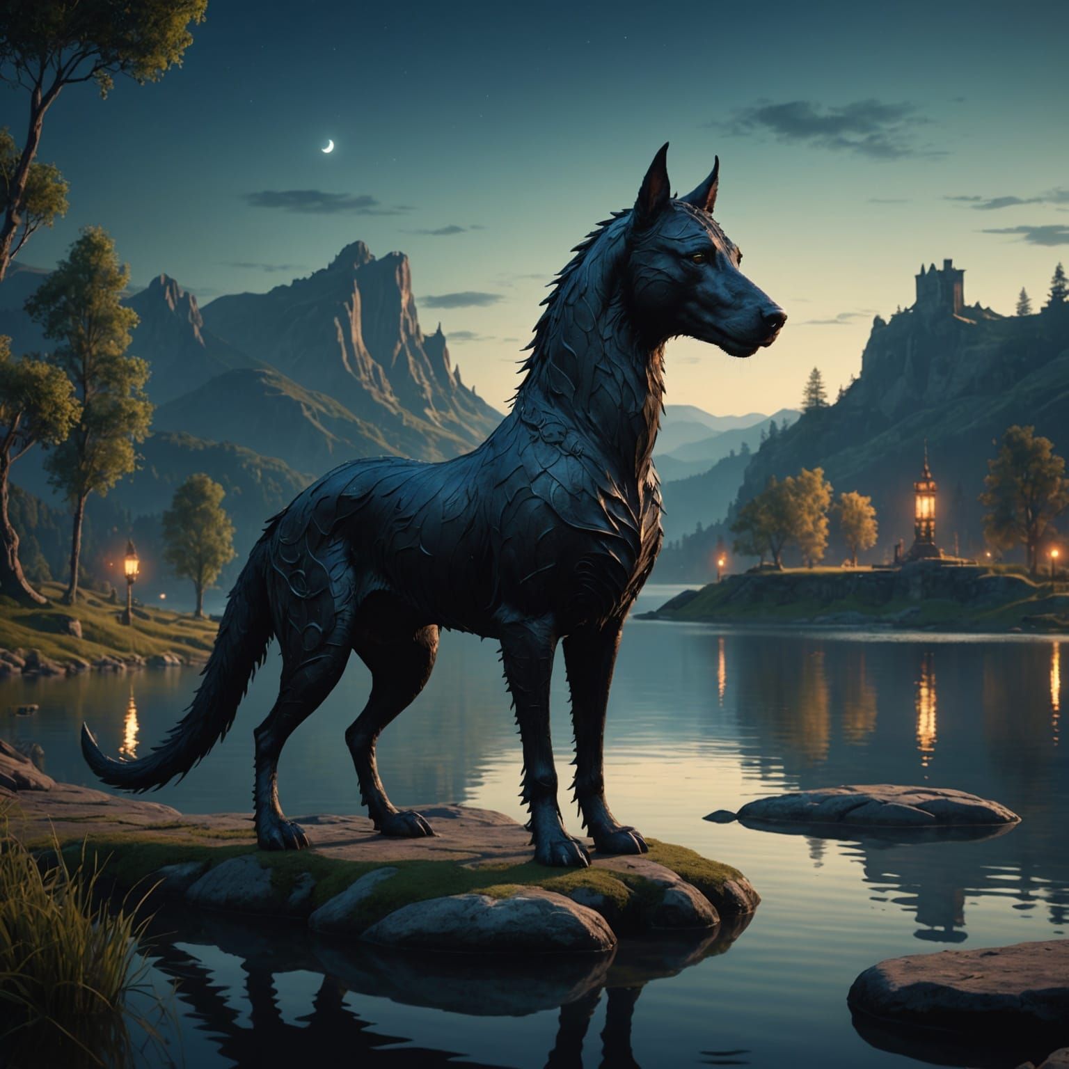 Kelpie by a Lake at Night