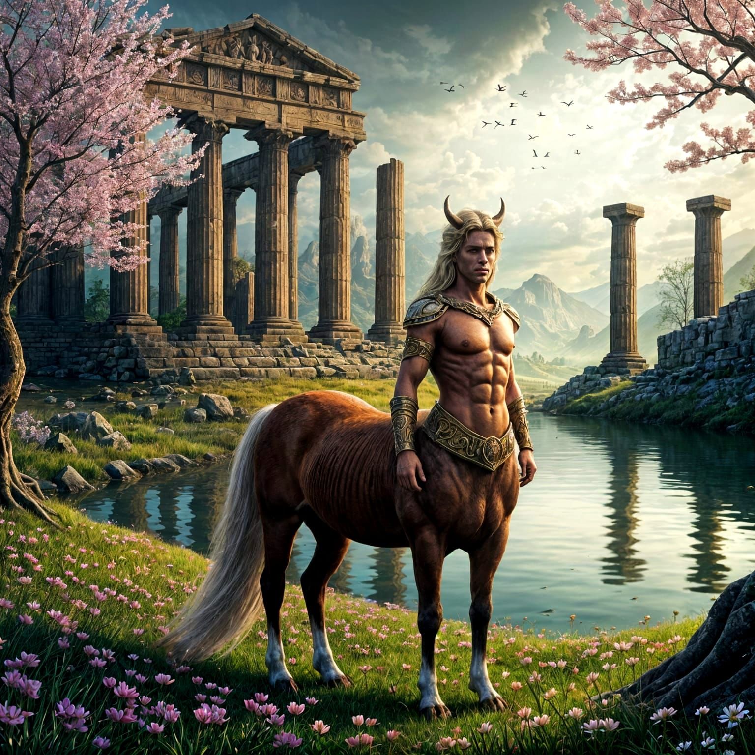 Centaur in Eden-like Spring Landscape with Greek Ruins