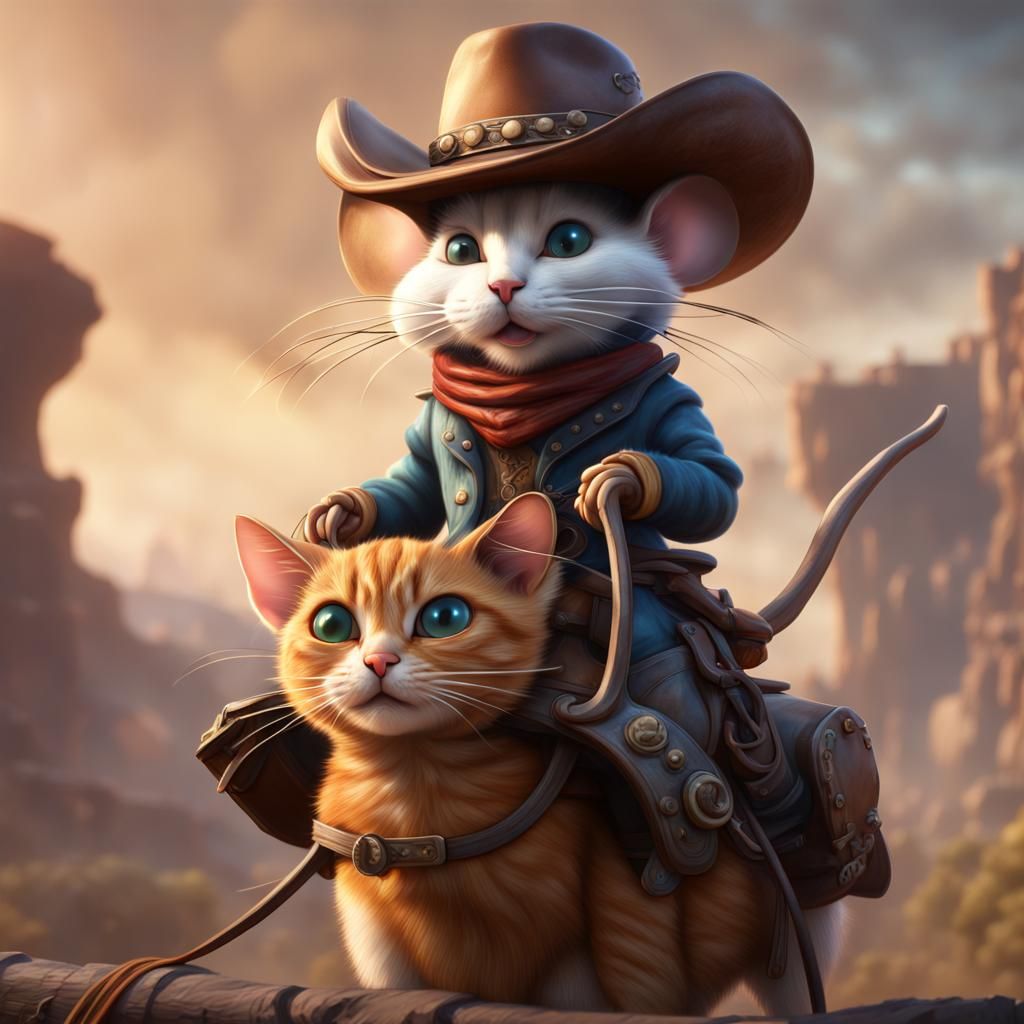 Mouse Cowboy Rides a Calico Cat Digital Painting