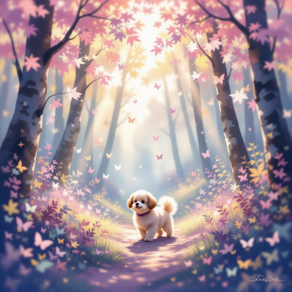 Magical Pastel Forest with Fluffy Dog and Ethereal Light