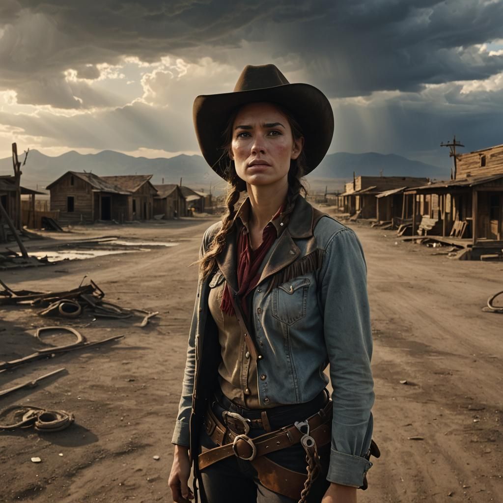 Cowgirl in Deserted Western Town at Golden Hour
