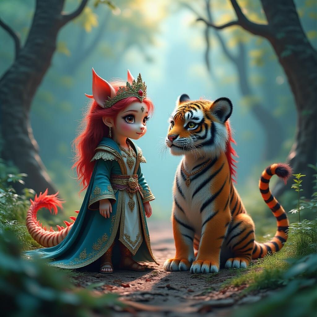 Dragon and Tiger Princesses in Mystical Forest Art