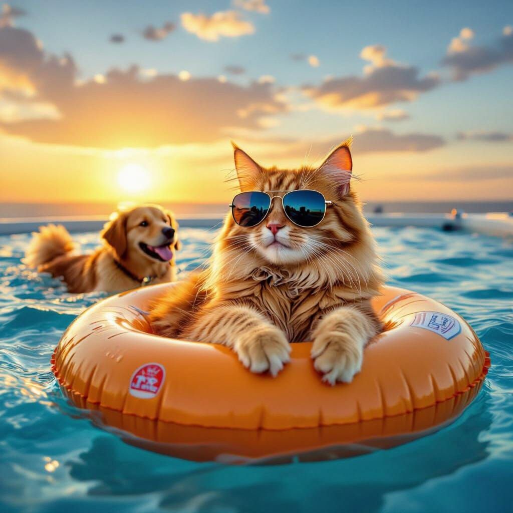 Cat in Sunglasses on Plane Pool with Dog