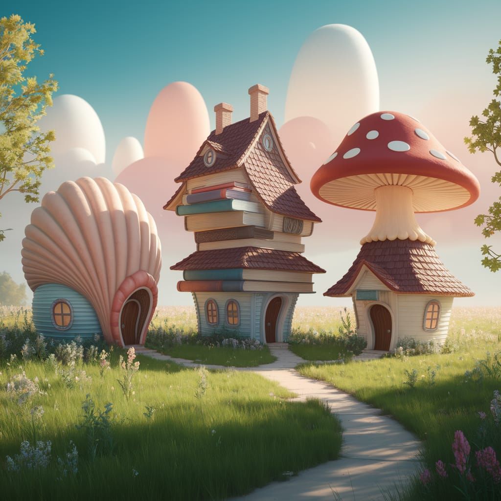 Whimsical Meadow Homes in Pastel Digital Art