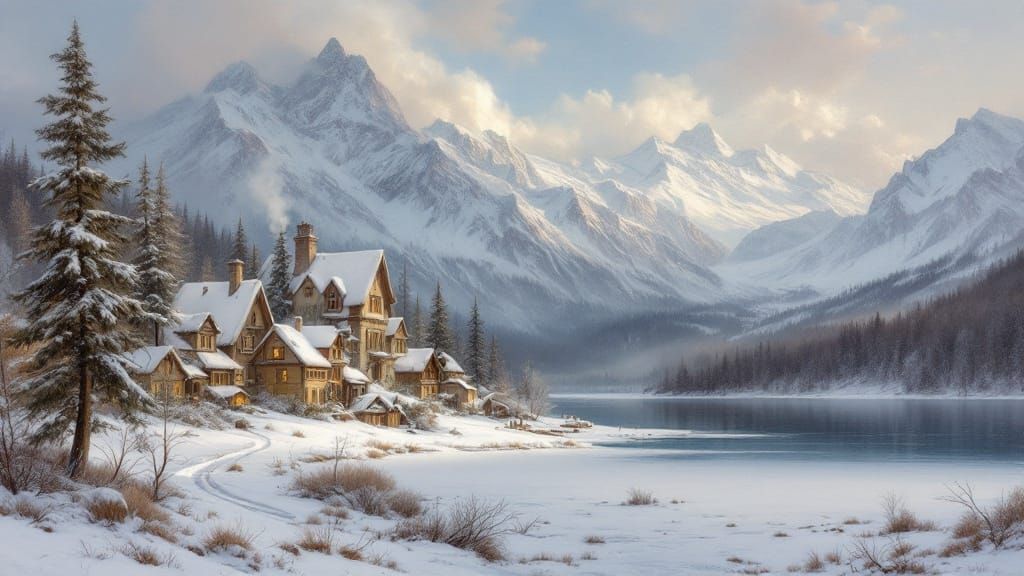Majestic Winter Village by Hudson River School