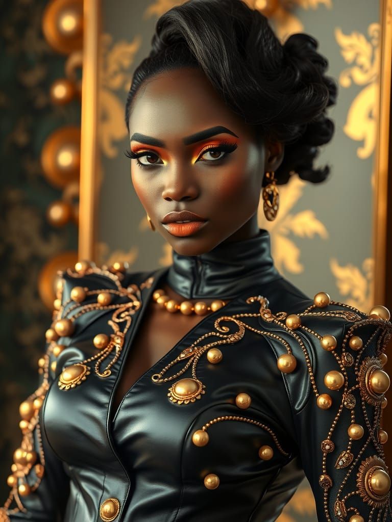 Gilded Ebony Goddess in Luxurious Leather Attire