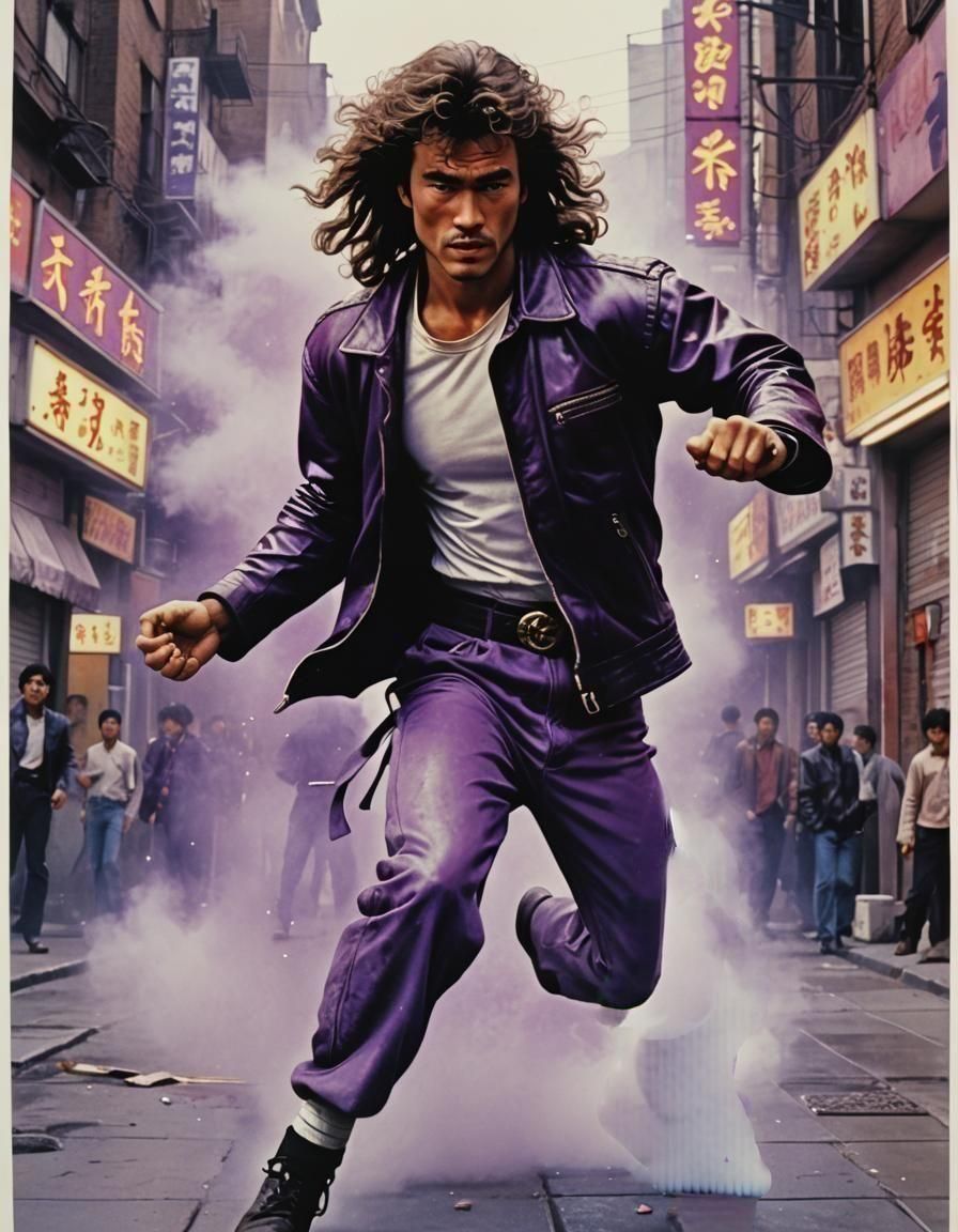 Purple Pants in Steamy Cityscape