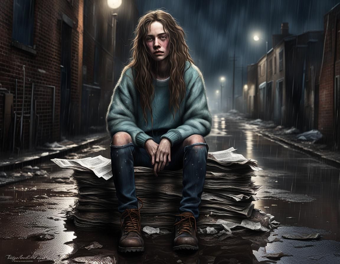 Photorealistic Image of a Girl in a Rainy Alley