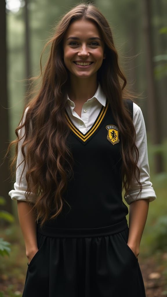 Inviting Hippie Woman in Hufflepuff Uniform