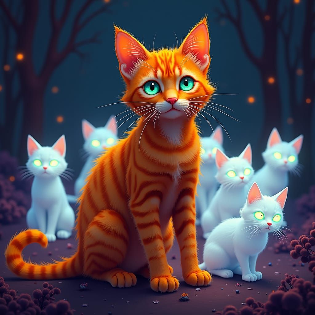 Orange Cat with Ghost Cats in Dark Fantasy Style
