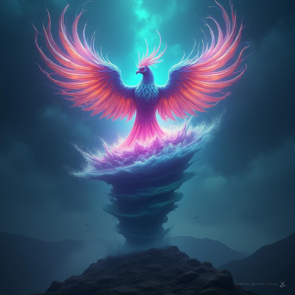 Phoenix Goddess Protecting Iridescent Egg Above Tornado