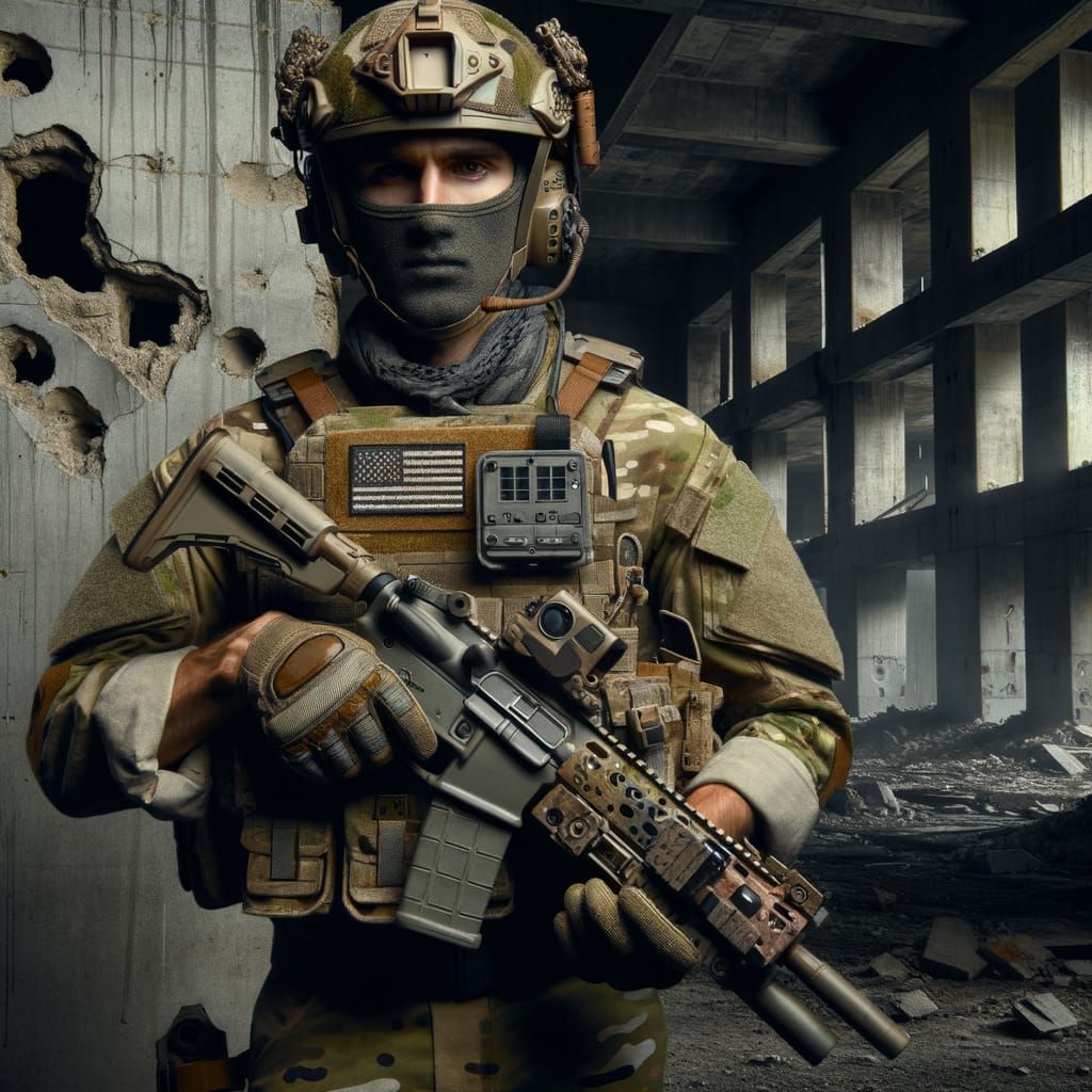 War-Torn Soldier in Tactical Gear Stands Guard