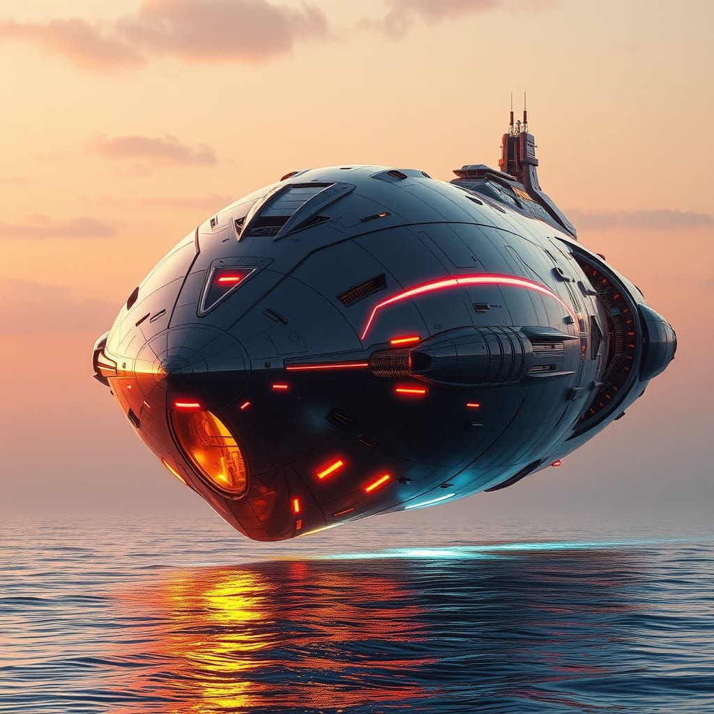 Futuristic Spaceship Descends into Seaside Dawn