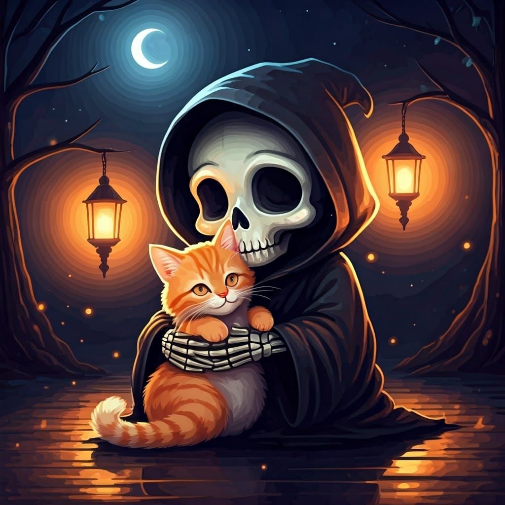 Kawaii Grim Reaper Cuddles Cat in Surreal Art Styles