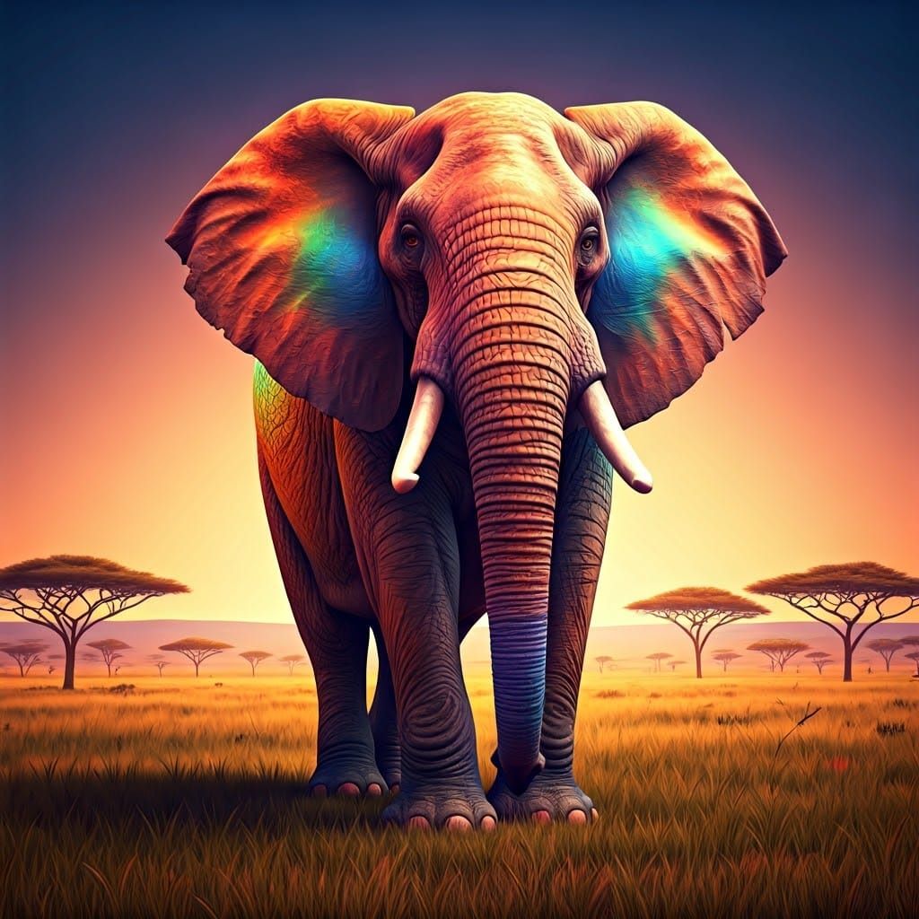 Rainbow Elephant in Whimsical Savanna Landscape