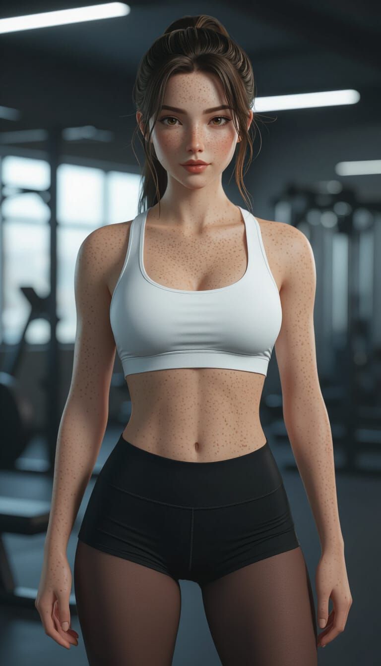 Confident Woman in Gym: Hyper-Realistic 3D Anime Art