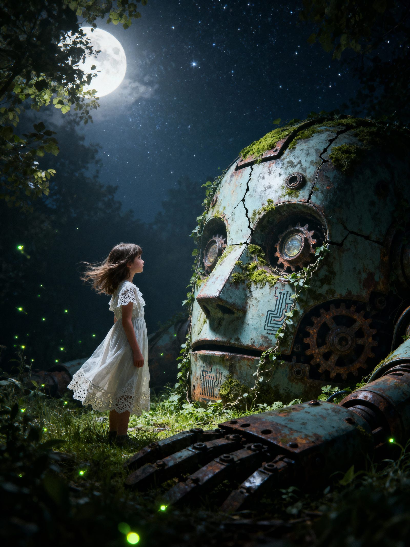 Girl and Robot Face Under Starry Night Sky