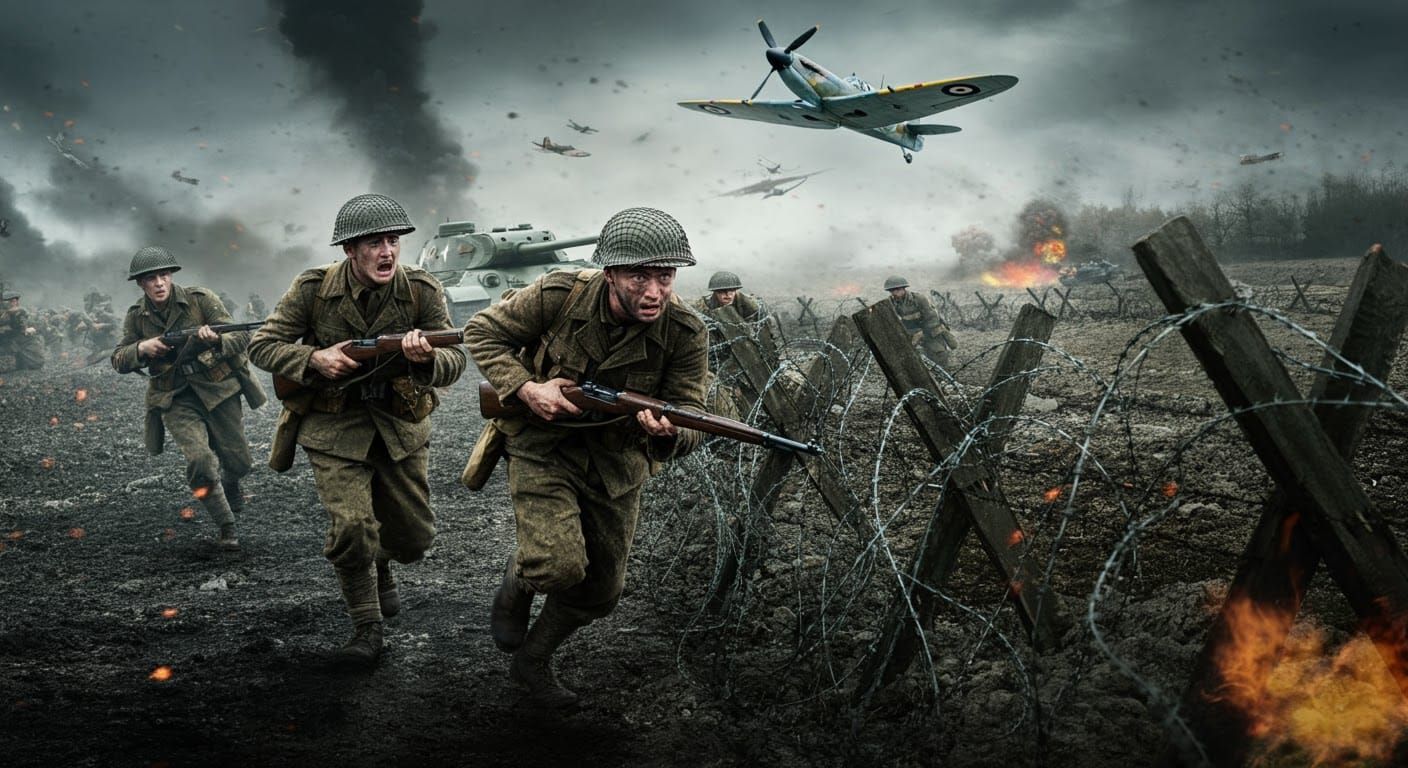 World War II Soldiers Fleeing Barbed Wire in Hyperrealism