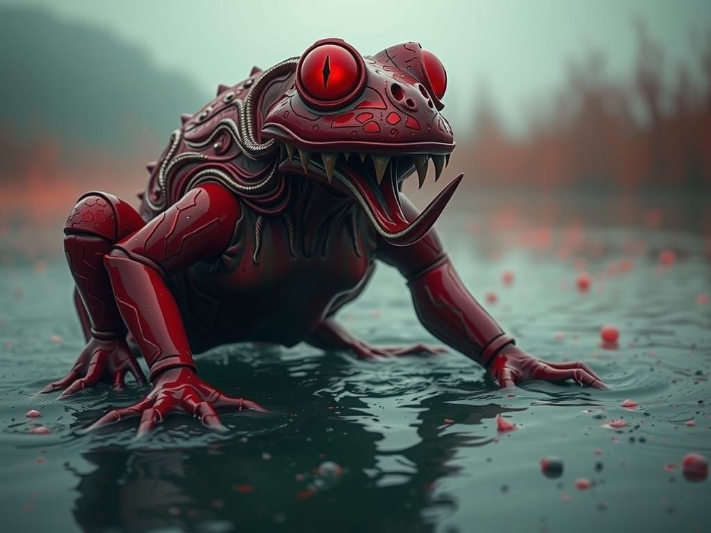 Cyberpunk Alien Frog Emerges from Polluted Waters