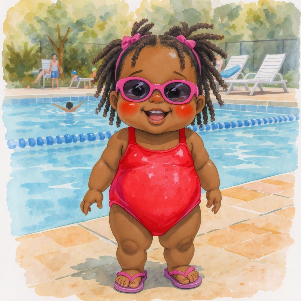 Delighted Girl in Red Swimsuit: Watercolor Painting