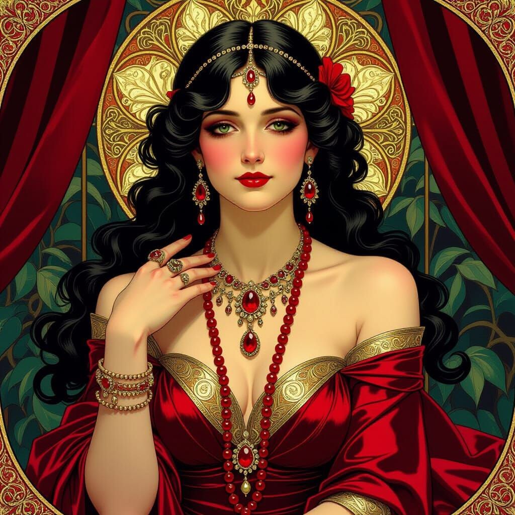 Woman in Ruby Jewelry, Alphonse Mucha Style