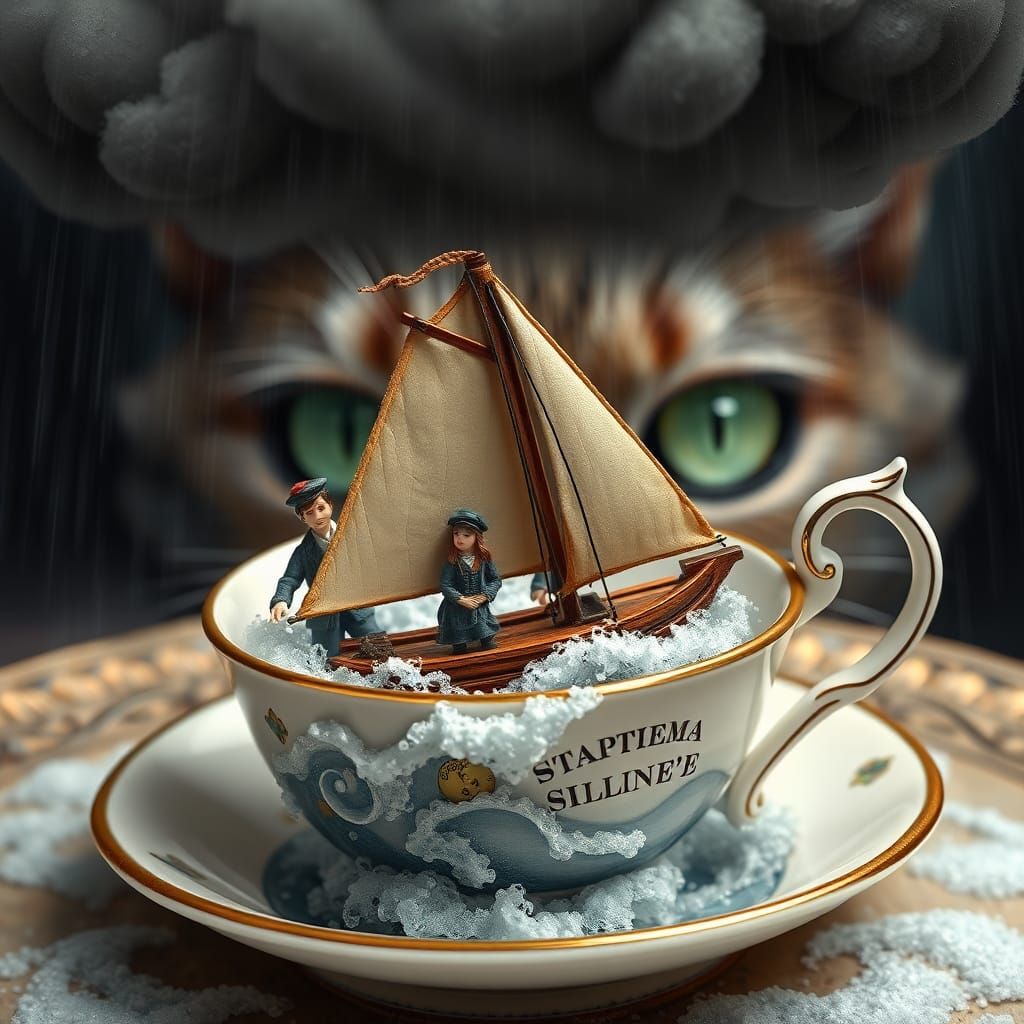 Sailors in Teacup Storm Watched by Cat, Dreamlike Illustrati...