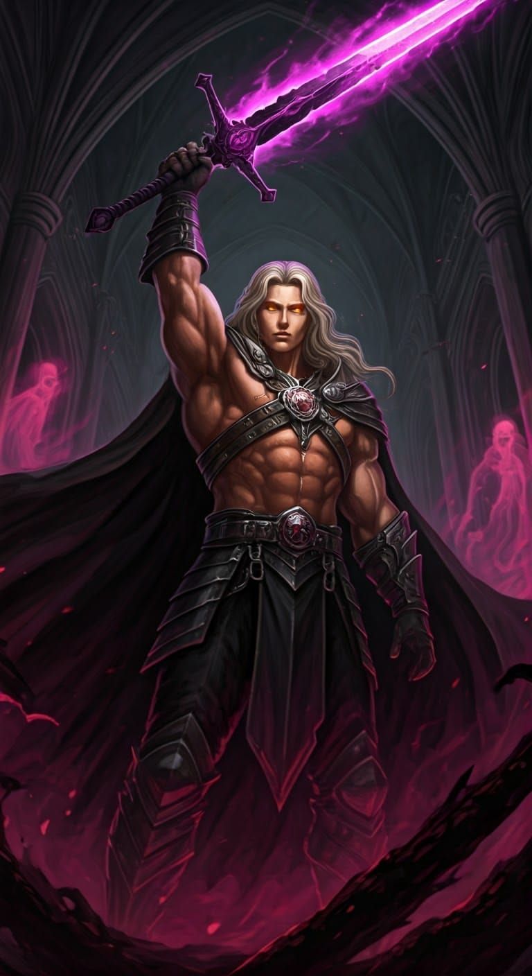 Dark Fantasy Prince Wields Crystal Sword in Hellish Realm