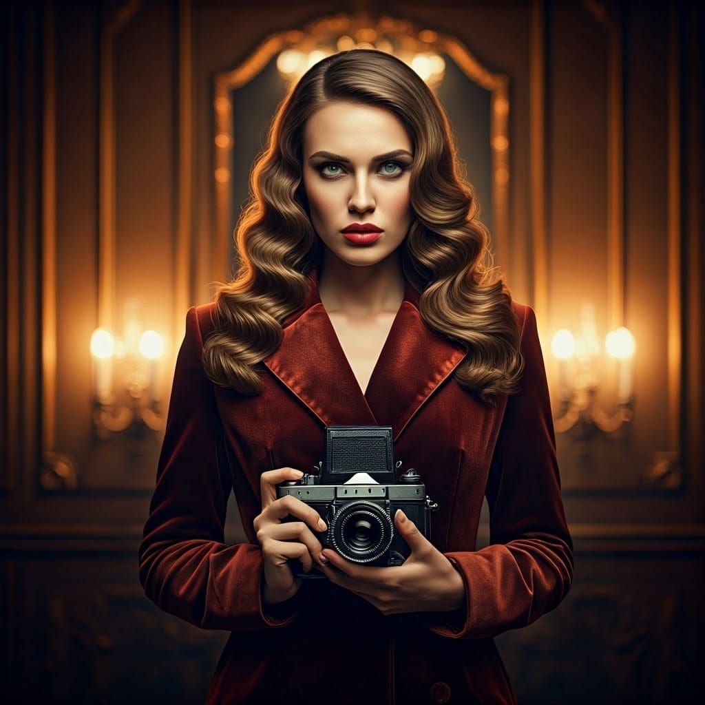 Stunning Woman with Vintage Camera: Hyperrealistic Portrait