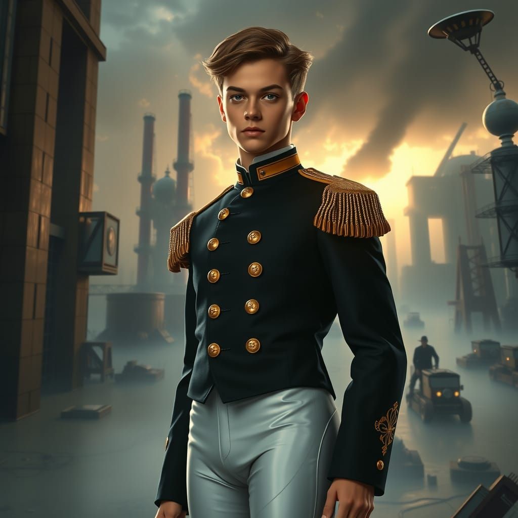 Elegant Youth in Industrial Regalia Against Dystopian Skies