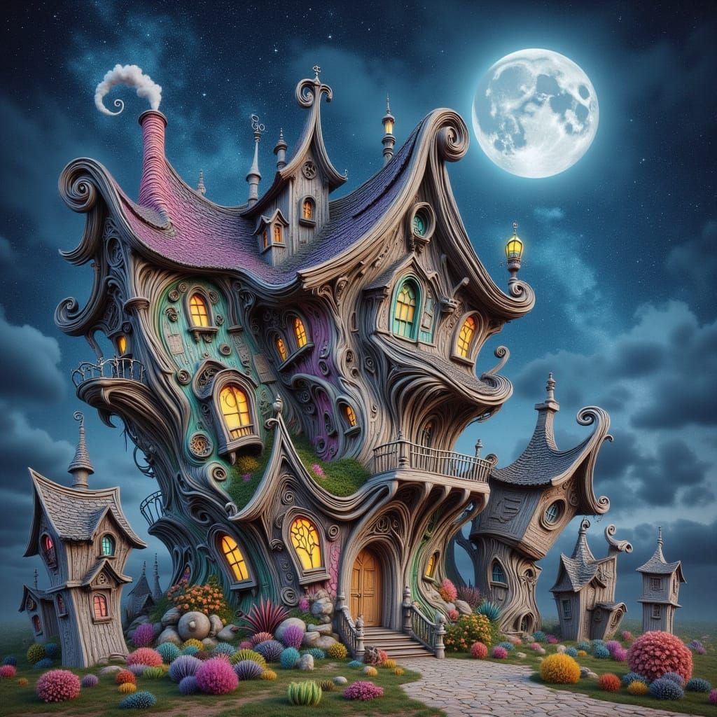 Whimsical Stone Cottage Under a Starry Sky